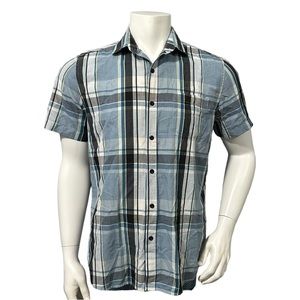 Ampify Mens Casual Button Up Shirt Blue Gray Plaid Short Sleeve Pocket M